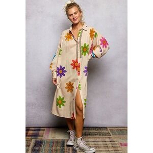 NEW ! POL Floral Beaded Relaxed Shirt Dress Cotton Long Sleeve Tan SIZE L